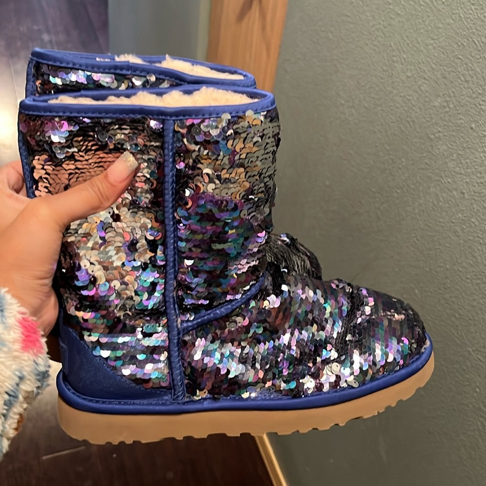 UGG boots, sequenced blue with teal and purple hints in the sequence with silver